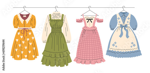 A set of cute women's dresses with ruffles and lace. cottage core fashion. Vintage, retro. Vector, flat, cartoon illustration