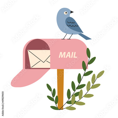 A cute pink mailbox with a letter. A bird and plants. Vintage, retro. Vector, flat, cartoon illustration