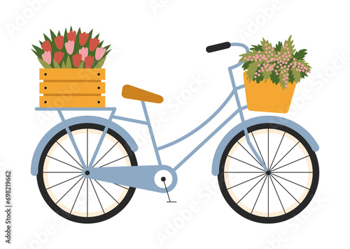 A cute blue bike with a basket and flowers. Vintage, retro. Vector, flat, cartoon illustration
