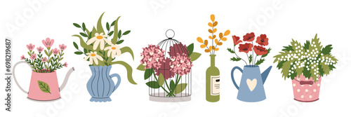 A set of different Colors in vases. Hydrangea, tulips, poppies. A cage and teapots. Vintage, retro. Vector, flat, cartoon illustration