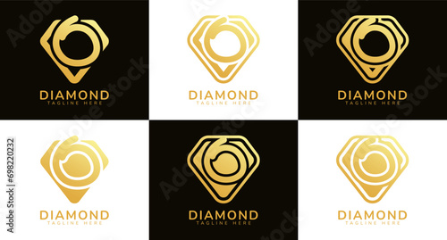 Set of diamond logos with initial letter O. These logos combine letters and rounded diamond shapes using gold gradation colors. Suitable for diamond shops, e-commerce
