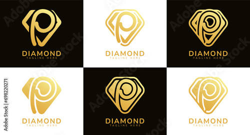 Set of diamond logos with initial letter P. These logos combine letters and rounded diamond shapes using gold gradation colors. Suitable for diamond shops, e-commerce