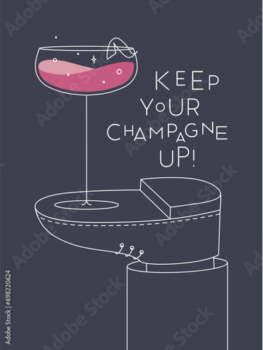 Obraz na płótnie Alcohol poster. Champagne wide glass with lettering stands on foot drawing in line art style on dark background w salonie