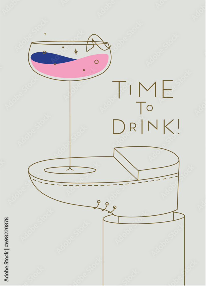Alcohol poster. Daiquiri cocktail glass with lettering time to drink stands on foot drawing in line art style on beige background
