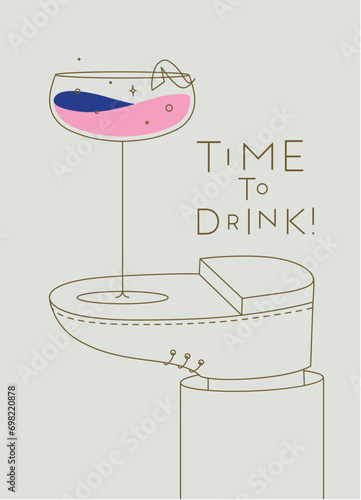 Obraz na płótnie Alcohol poster. Daiquiri cocktail glass with lettering time to drink stands on foot drawing in line art style on beige background w salonie