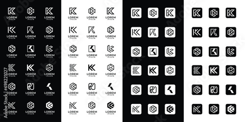 Set of abstract initial letter K logo templates with icons, symbols for business of fashion, automotive, financial, and others