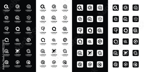 Set of abstract initial letter Q logo templates with icons, symbols for business of fashion, automotive, financial, and others