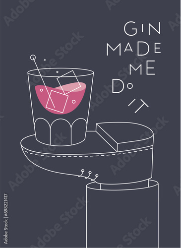 Obraz na płótnie Alcohol poster. Gin cocktail glass with lettering time to drink stands on foot drawing in line art style on dark background w salonie