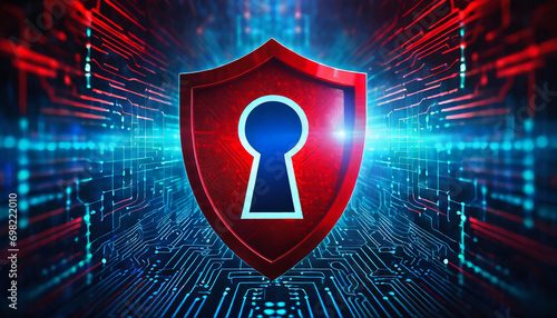 Digital Security Privacy Online Safety Protection Concept. Red Shield with Keyhole on digital background
