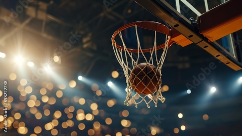 Basket ball flies into the basket against the background of a basketball arena