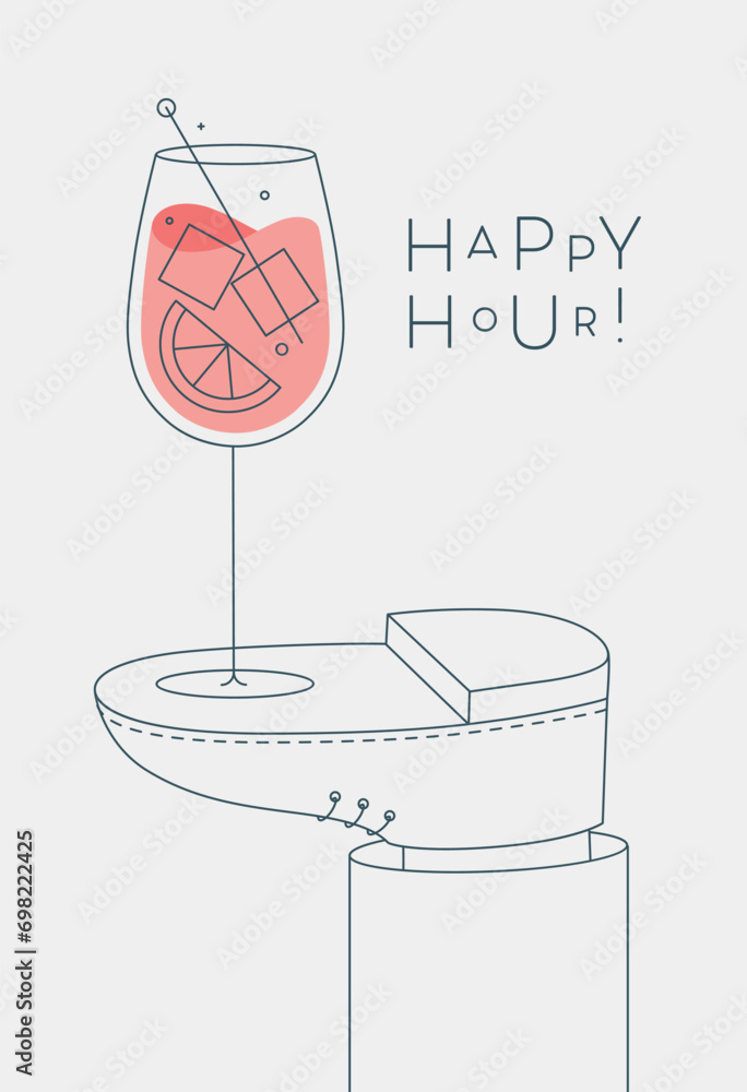 Alcohol poster. Spritz cocktail glass with lettering happy hour stands on foot drawing in line art style on light background