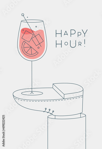 Obraz na płótnie Alcohol poster. Spritz cocktail glass with lettering happy hour stands on foot drawing in line art style on light background w salonie