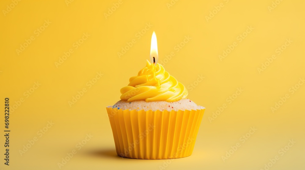 Small yellow colored birthday cake with candle - obrazy, fototapety, plakaty 