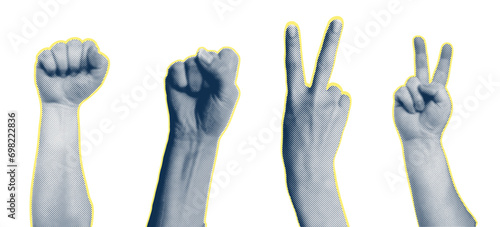 Trendy collage halftone elements with hand gestures, cutout shapes Symbol win, like, punk. Isolated white background. Concept of protest, confrontation, struggle, strike, victory. Vector illustration