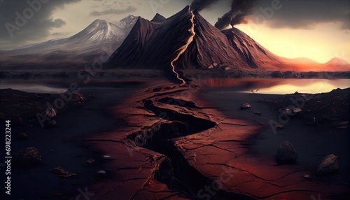 Hot magma pouring from volcano AI generative illustration photo