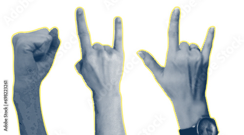 Trendy collage halftone elements with hand gestures, cutout shapes Symbol win, like, punk. Isolated white background. Concept of protest, confrontation, struggle, strike, victory. Vector illustration