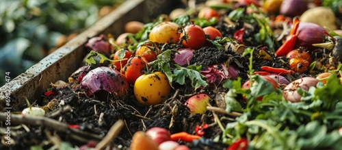 Organic waste mix of vegetables and fruits in large compost container. photo