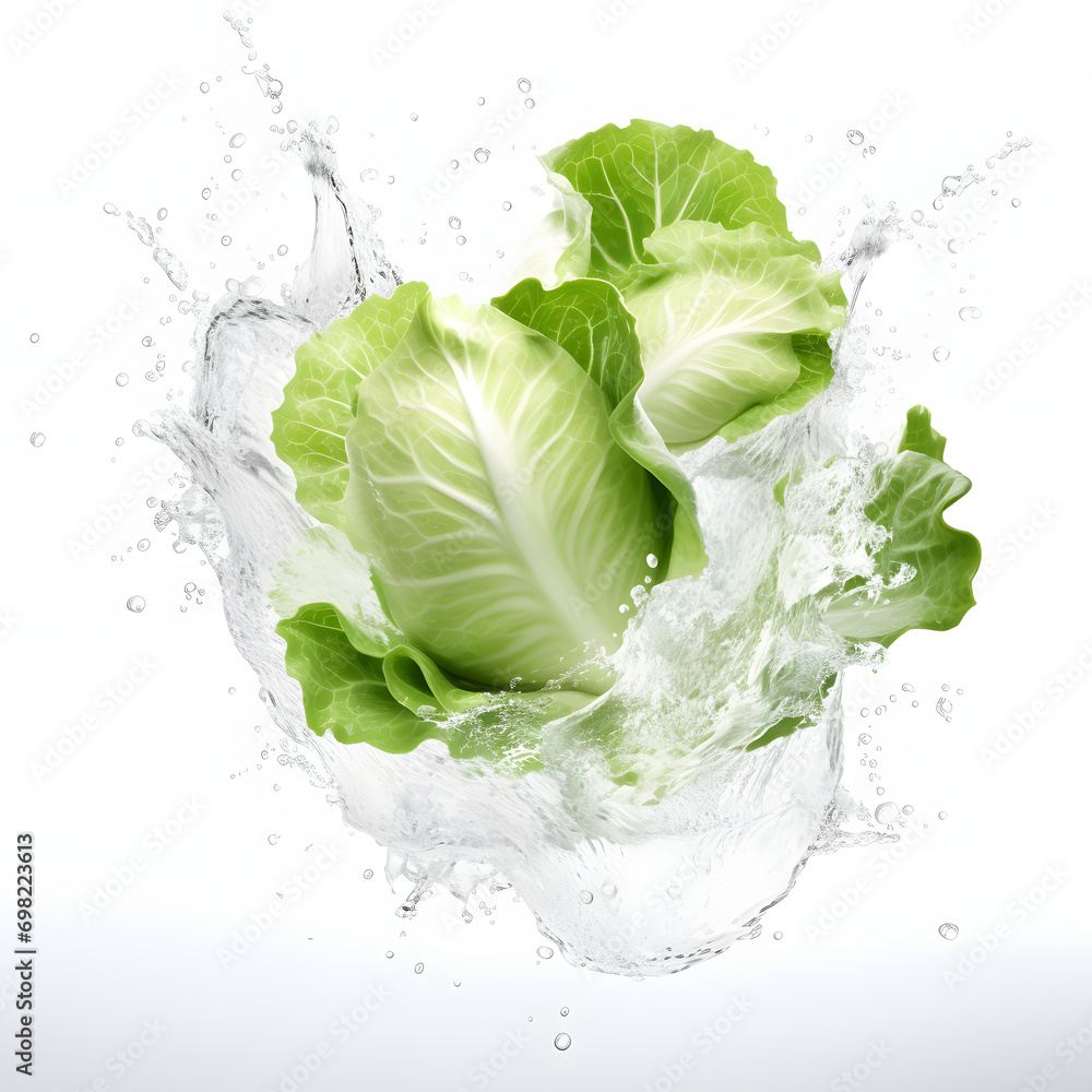splash of water, juice and flying cabbage in the air on white background. splash of water, juice and flying cabbage in the air on white background.