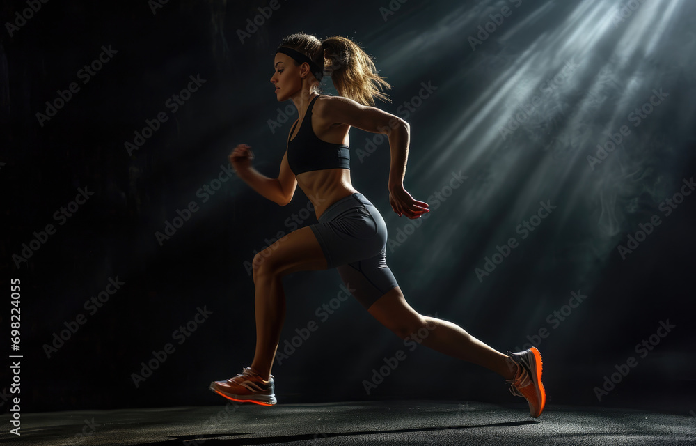 Dramatic photo on dark background running girl athlete in contrasting light