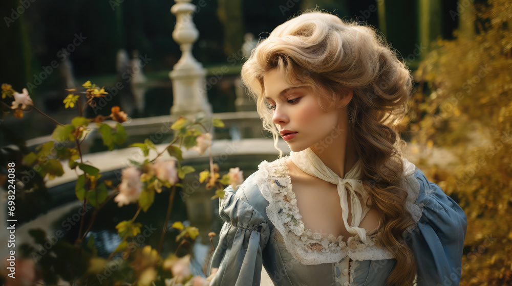 beautiful young woman dressed in 18th century style, antique fluffy dress, rococo, corset, wig, portrait, girl, garden, park, palace, countess, princess, lady, marquise, duchess, romantic, elegance beautiful young woman dressed in 18th century style, antique fluffy dress, rococo, corset, wig, portrait, girl, garden, park, palace, countess, princess, lady, marquise, duchess, romantic, elegance