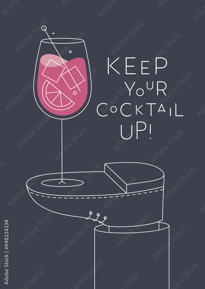 Alcohol poster. Cocktail spritz glass with lettering stands on foot drawing in line art style on dark background