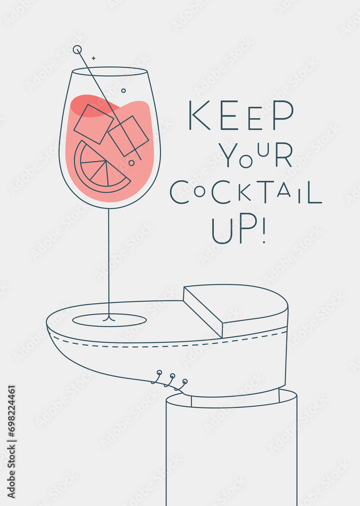 Alcohol poster. Cocktail spritz glass with lettering stands on foot drawing in line art style on light background