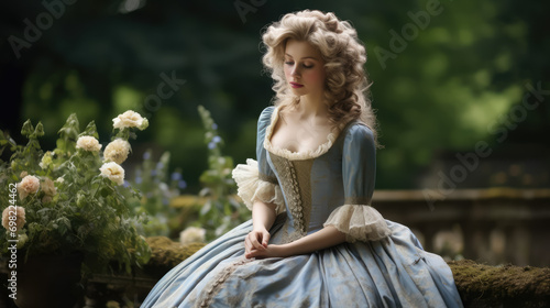 beautiful young woman dressed in 18th century style, antique fluffy dress, rococo, corset, wig, portrait, girl, garden, park, palace, countess, princess, lady, marquise, duchess, romantic, elegance
