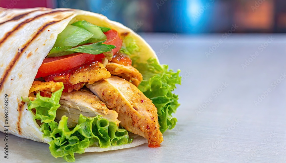 Obraz premium Urban Eatery Chicken Wrap with Spicy Sauce with Copyspace