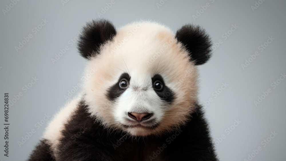 panda, cute bear cub, close-up portrait on a studio gray background. panda, cute bear cub, close-up portrait on a studio gray background.