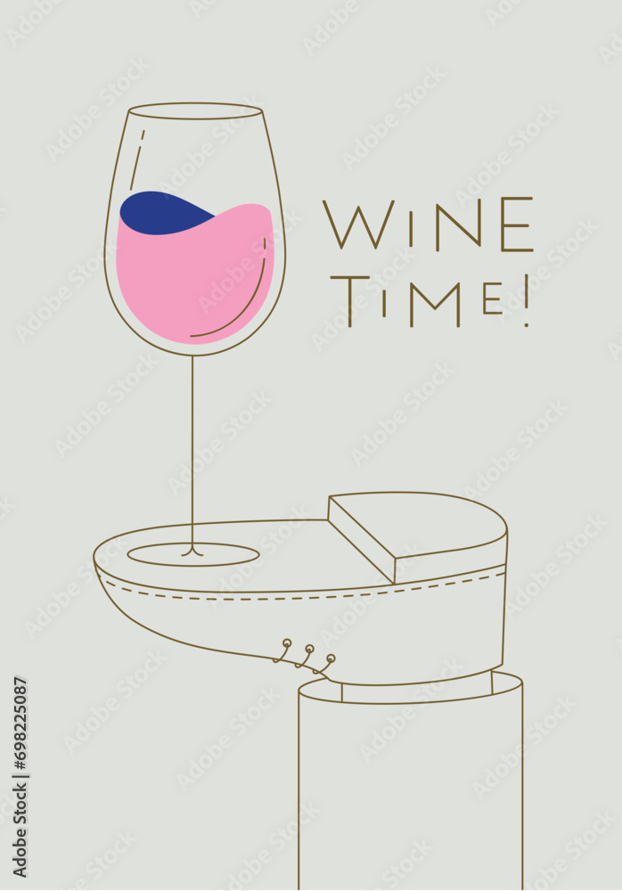 Alcohol poster. Wine glass with lettering stands on foot drawing in line art style on beige background
