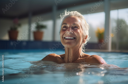 a happy senior woman smiling and talking while swimming in a pool © Kien