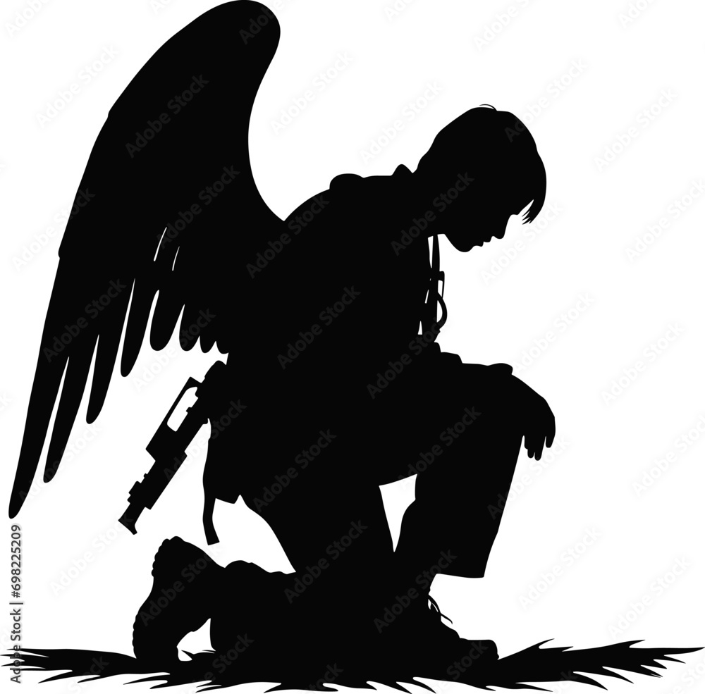 Military angel soldier with wings kneeling silhouette vector. AI ...