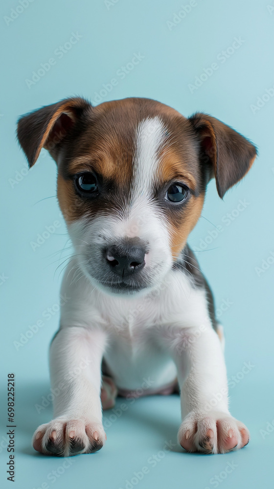 Full-Length Portrait of Adorable Little Jack Russell Puppy Against a Blue-Tinted Background, Studio Shot Perfect for Smartphone Wallpaper or Screensaver