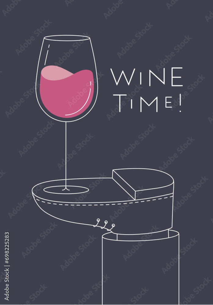 Alcohol poster. Wine glass with lettering stands on foot drawing in line art style on dark background