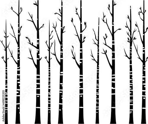 Black and White Vector Birch Tree Silhouette Background with Birds. AI generated illustration.