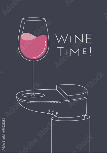 Obraz na płótnie Alcohol poster. Wine glass with lettering stands on foot drawing in line art style on dark background w salonie