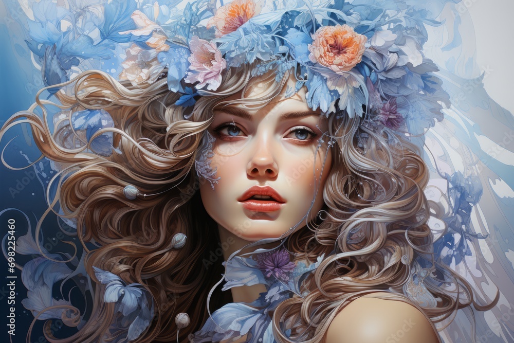 a wonderful girl, a young woman with flowers in flowing curls. close-up portrait. femininity and purity.