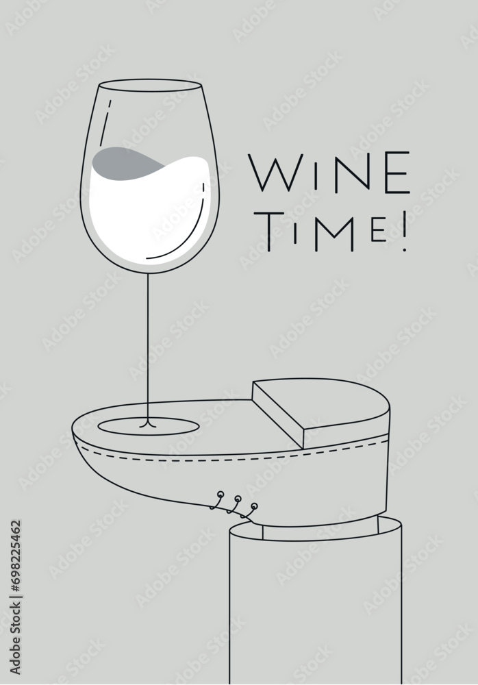 Alcohol poster. Wine glass with lettering stands on foot drawing in line art style on grey background
