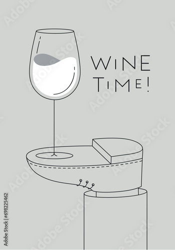 Alcohol poster. Wine glass with lettering stands on foot drawing in line art style on grey background