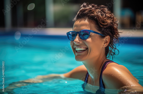 a happy woman smiling and talking while swimming in a pool