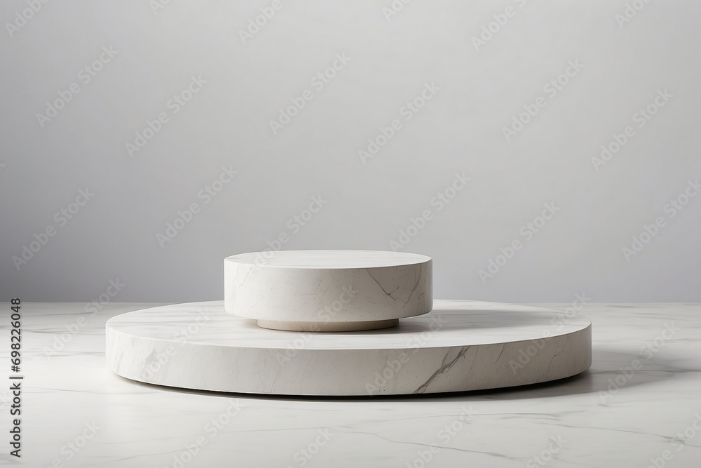 Geometric pedestals or Stone platform mockup on white table for product advertising with copy space Geometric pedestals or Stone platform mockup on white table for product advertising with copy space