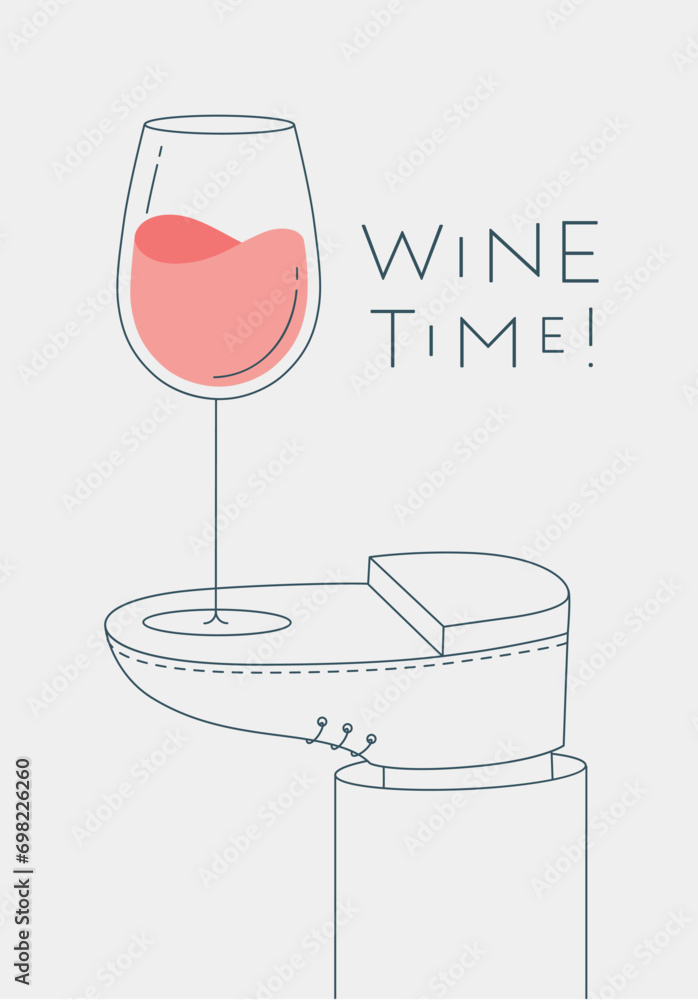 Alcohol poster. Wine glass with lettering stands on foot drawing in line art style on light background