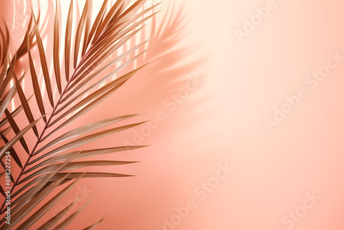Palm leaves and shadows on pink background. Abstract backdrop for text. The gentle, blurred shade and summer sunlight