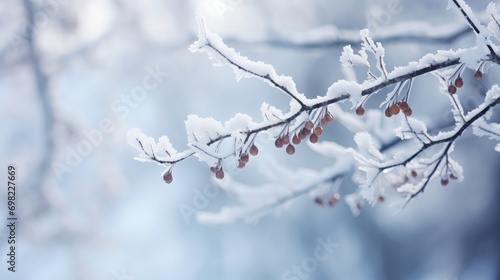 White snow on a bare tree branches on a frosty winter day