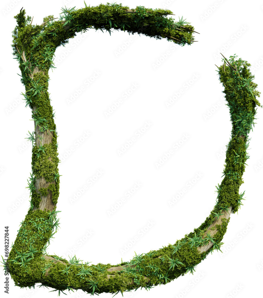 Tree-shaped alphabet covered with plant and moss. 3d rendering of isolated objects.