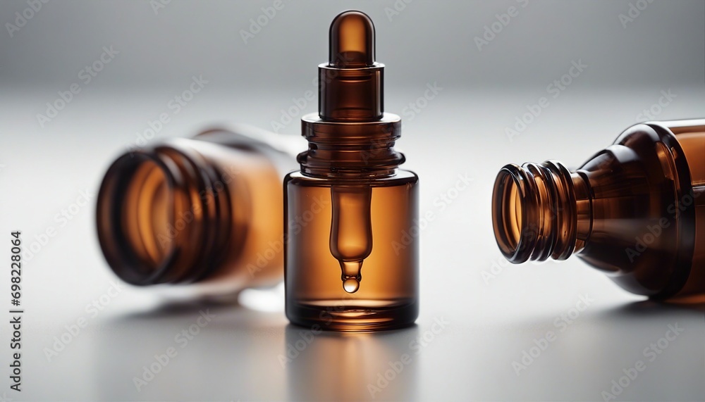 Amber Glass Dropper Bottles on White Background for Cosmetic Use Amber Glass Dropper Bottles on White Background for Cosmetic Use