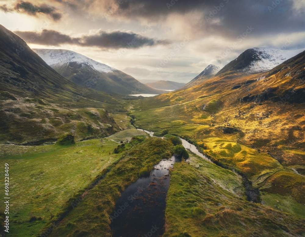 River running in a beautiful green valley in scandinavian mountains landscape. River running in a beautiful green valley in scandinavian mountains landscape.