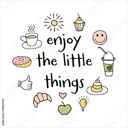 Enjoy the little things. Aesthetic doodle set of hand drawings, handmade sketches. Food and Drink, fast food doodles vector set in line style