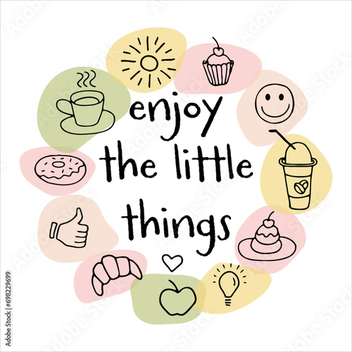Enjoy the little things. Aesthetic doodle set of hand drawings, handmade sketches. Food and Drink, fast food doodles vector set in line style