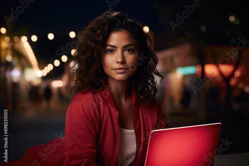 Woman is pictured sitting in front of laptop computer. This image can be used to illustrate remote work, online learning, or technology concepts.